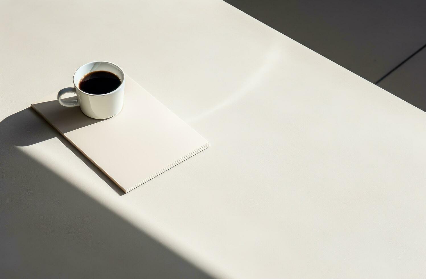 ai generado un taza de café siguiente a un libro en blanco mesa foto