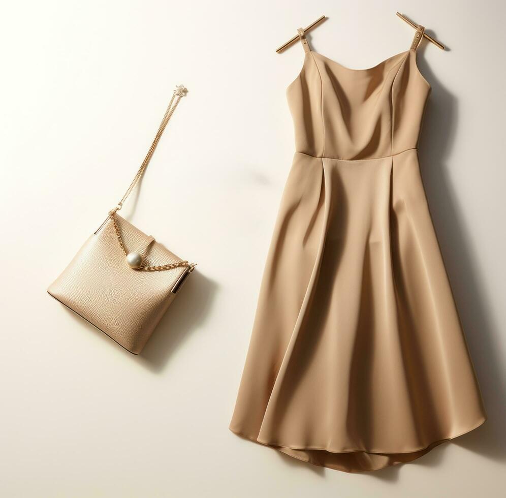 AI generated a gold dress bag and jewelry are laid out on photo