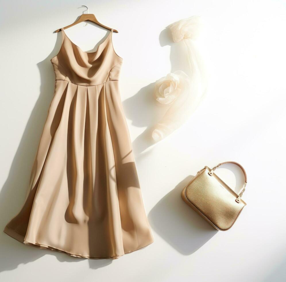 AI generated a gold dress bag and jewelry are laid out on photo