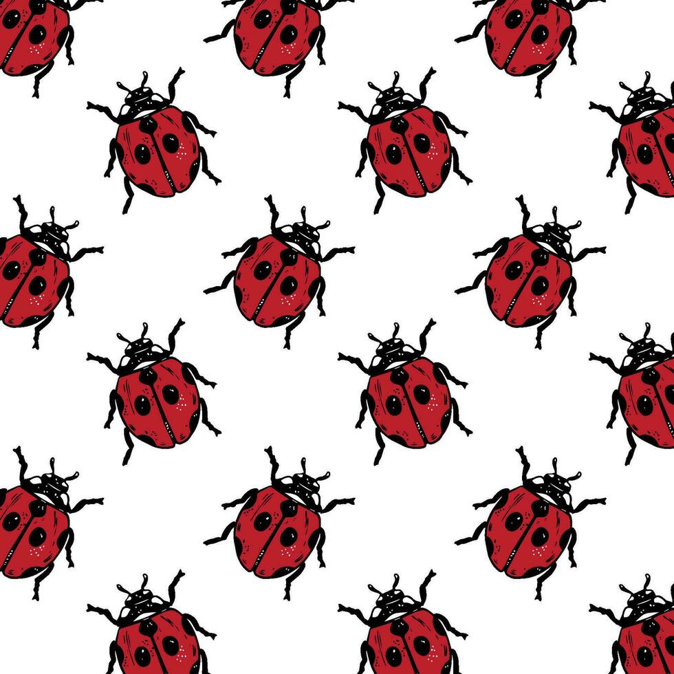 Lineart style ladybug seamless pattern black and red on white background vector