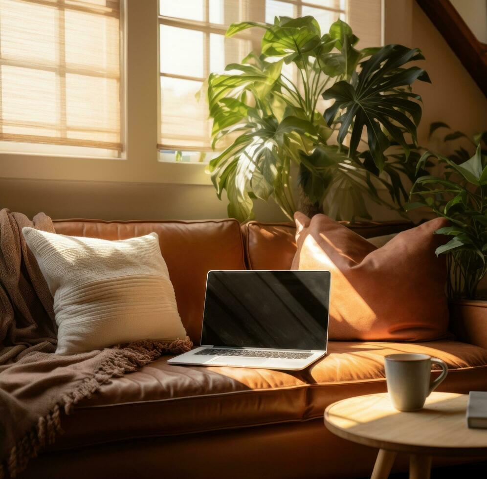AI generated a computer on a couch in a living room with a potted plant photo