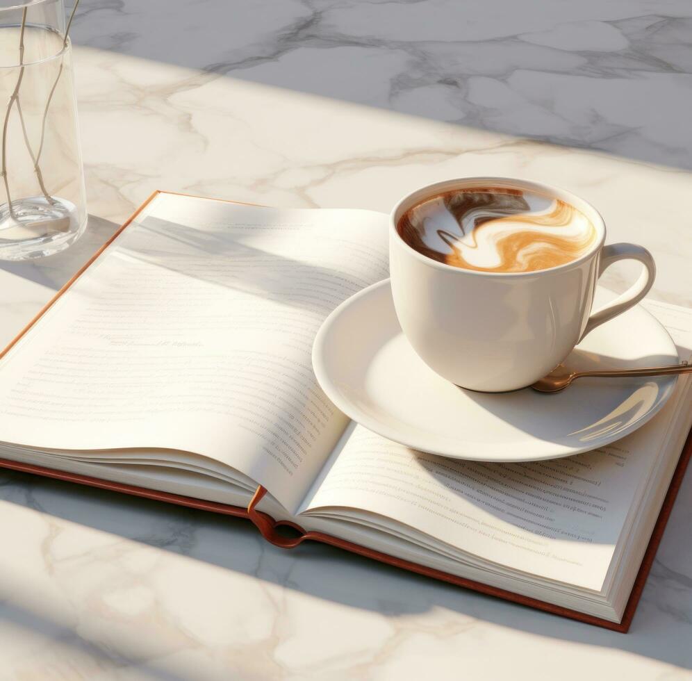 AI generated a cup of coffee sits next to a book full of pages photo