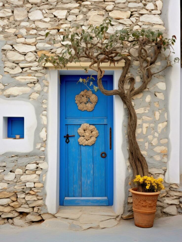 AI generated a blue door with a flower and a basket photo