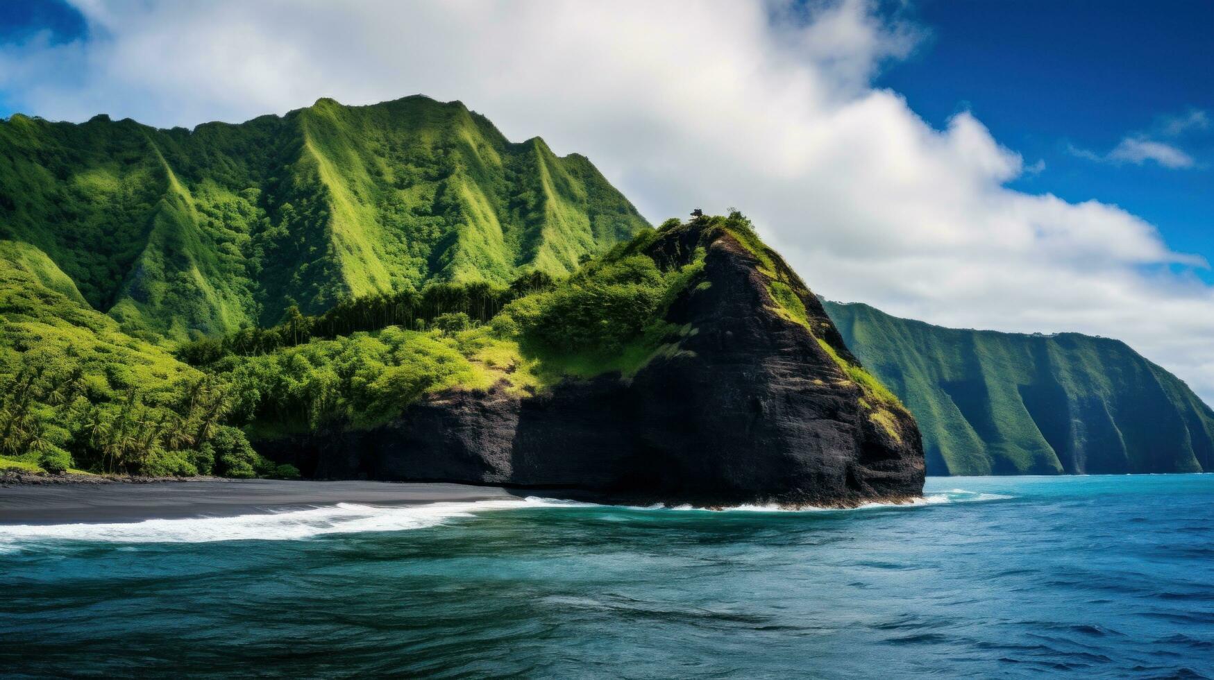 AI generated showcases the unique beauty of a volcanic island, with its lush greenery, black sand beaches photo