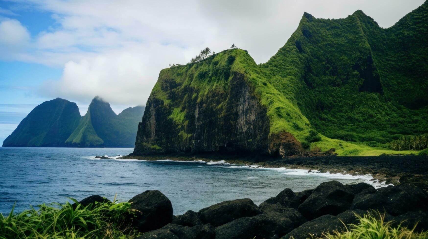 AI generated showcases the unique beauty of a volcanic island, with its lush greenery, black sand beaches photo