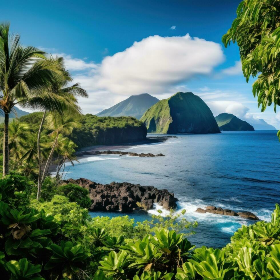 AI generated showcases the unique beauty of a volcanic island, with its lush greenery, black sand beaches photo