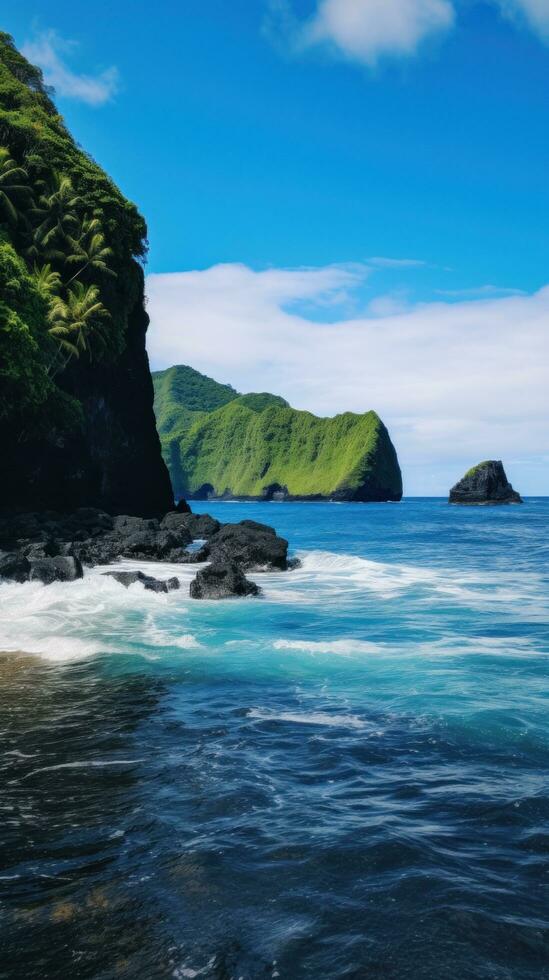AI generated showcases the unique beauty of a volcanic island, with its lush greenery, black sand beaches photo