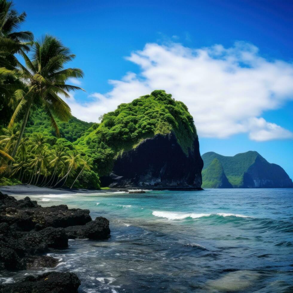 AI generated showcases the unique beauty of a volcanic island, with its lush greenery, black sand beaches photo