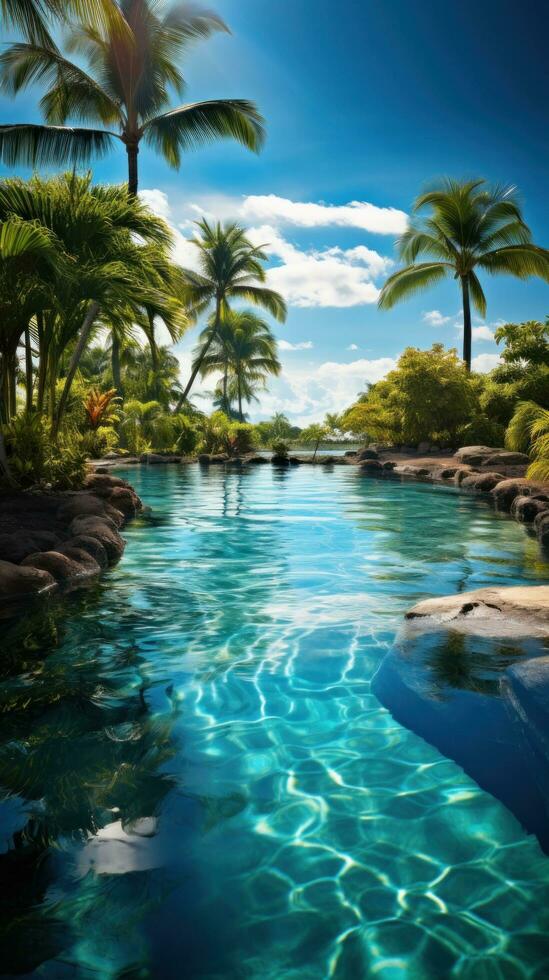 AI generated a pool in a tropical location, complete with palm trees, clear water, and sunshine photo