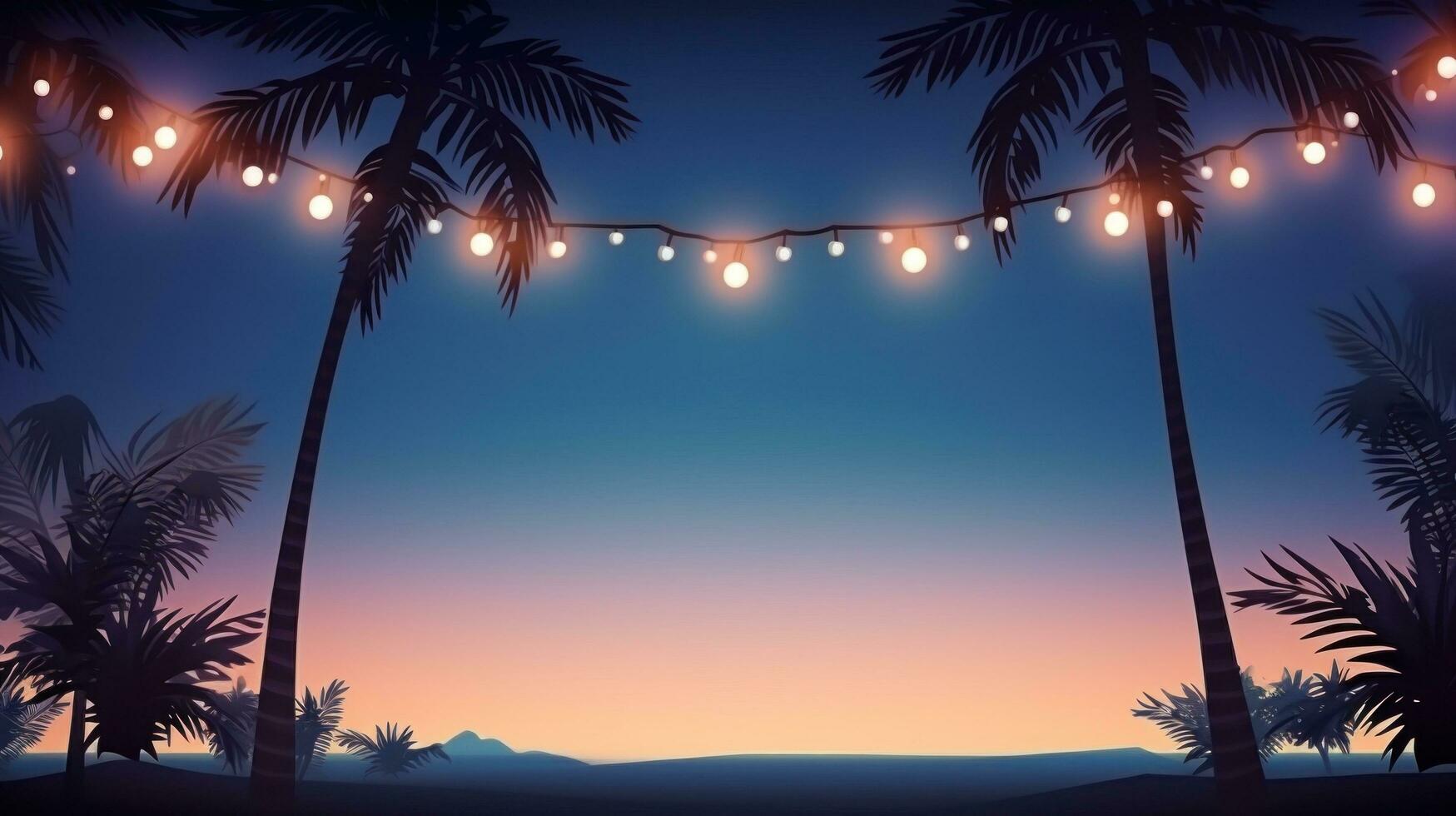 AI generated summer night party beach palms with light bulb garlands. large copyspace area, offcenter composition photo