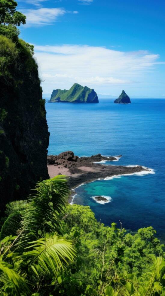 AI generated showcases the unique beauty of a volcanic island, with its lush greenery, black sand beaches photo