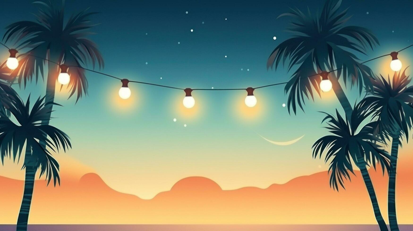 AI generated summer night party beach palms with light bulb garlands. large copyspace area, offcenter composition photo