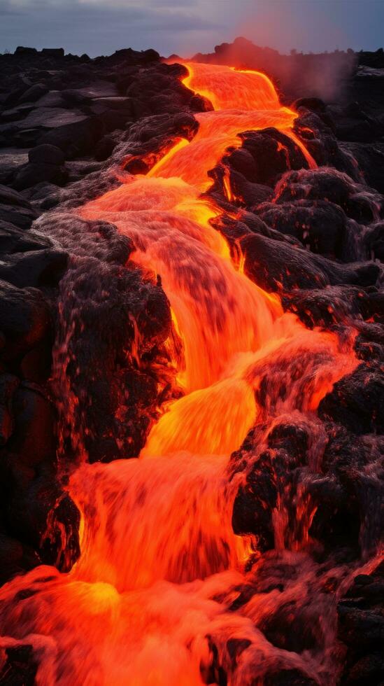 AI generated heat and energy of a volcano's lava captures the molten rock as it cascades down the mountainside photo