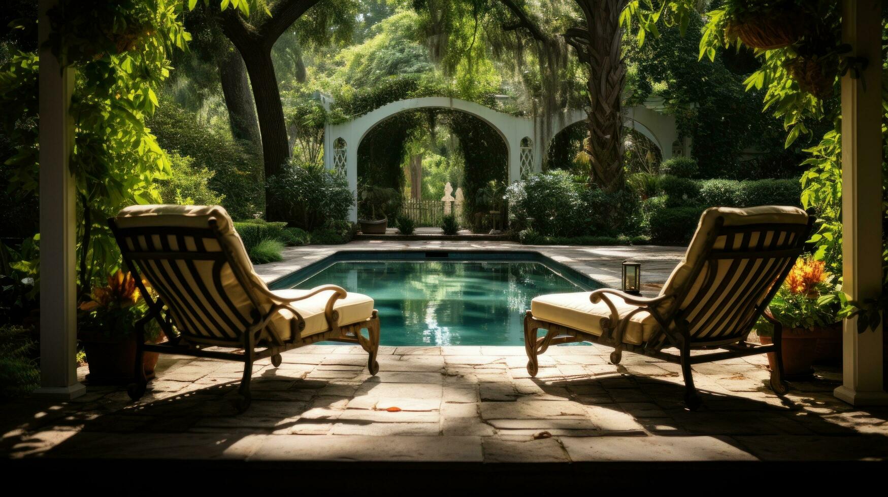 ai generado un piscina rodeado por lozano verdor y salón sillas, Perfecto para un pacífico tarde foto