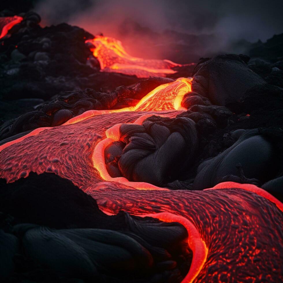 AI generated heat and energy of a volcano's lava captures the molten rock as it cascades down the mountainside photo