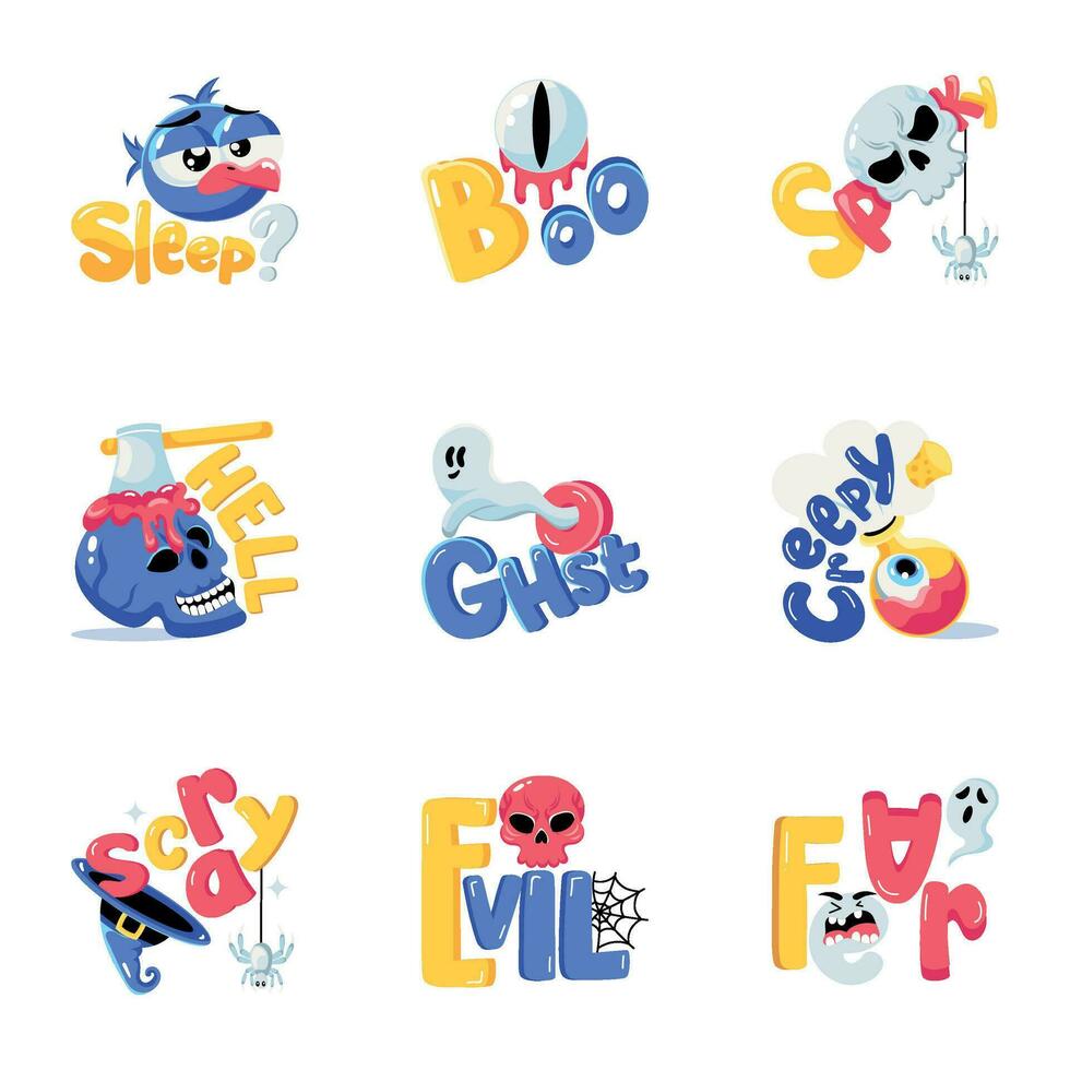 Pack of Spooky Lettering Flat Stickers vector