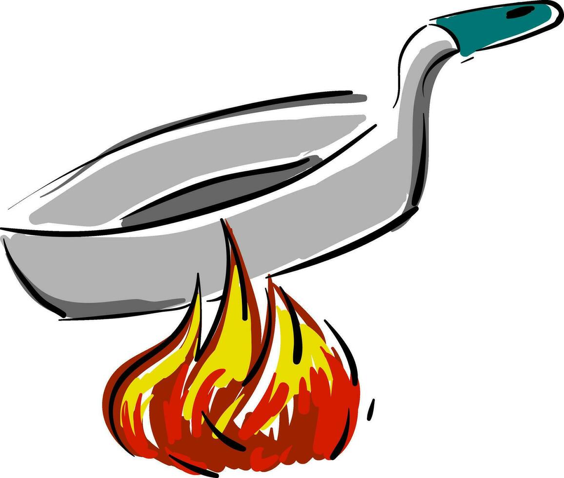 Grey pan with green handle on fire, illustration, vector on white background.