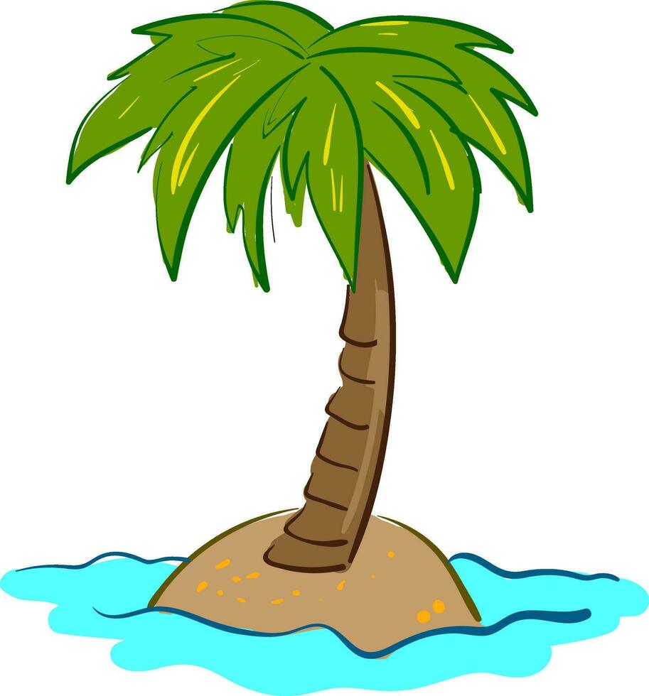 Green palm tree on the island, illustration, vector on white background.