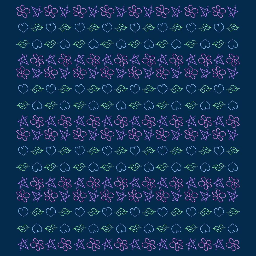 A regular pattern of lips stars flowers and hearts arranged in rows vector or color illustration