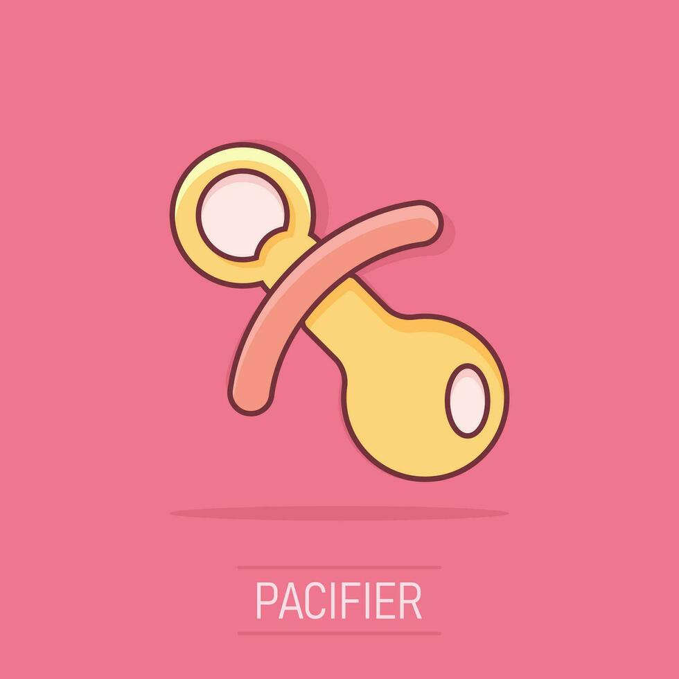 Vector cartoon baby pacifier icon in comic style. Child toy nipple sign illustration pictogram. Pacifier business splash effect concept.