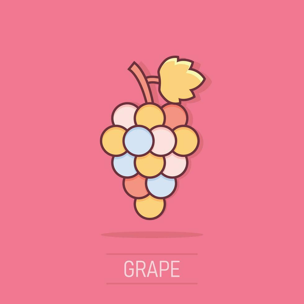 Vector cartoon grape fruit with leaf icon in comic style. Wine sign illustration pictogram. Grapevine business splash effect concept.