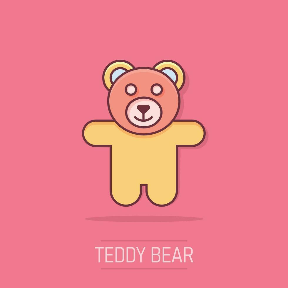 Vector cartoon teddy bear plush toy icon in comic style. Teddy toy sign illustration pictogram. Bear business splash effect concept.