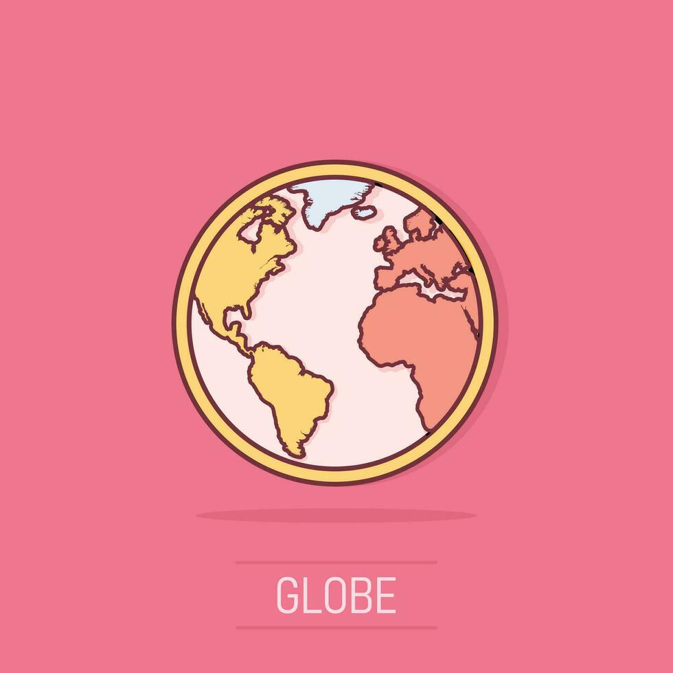 icono de mapa mundial de dibujos animados vectoriales en estilo cómico. pictograma de ilustración de tierra redonda. concepto de efecto de salpicadura de negocio planetario. vector