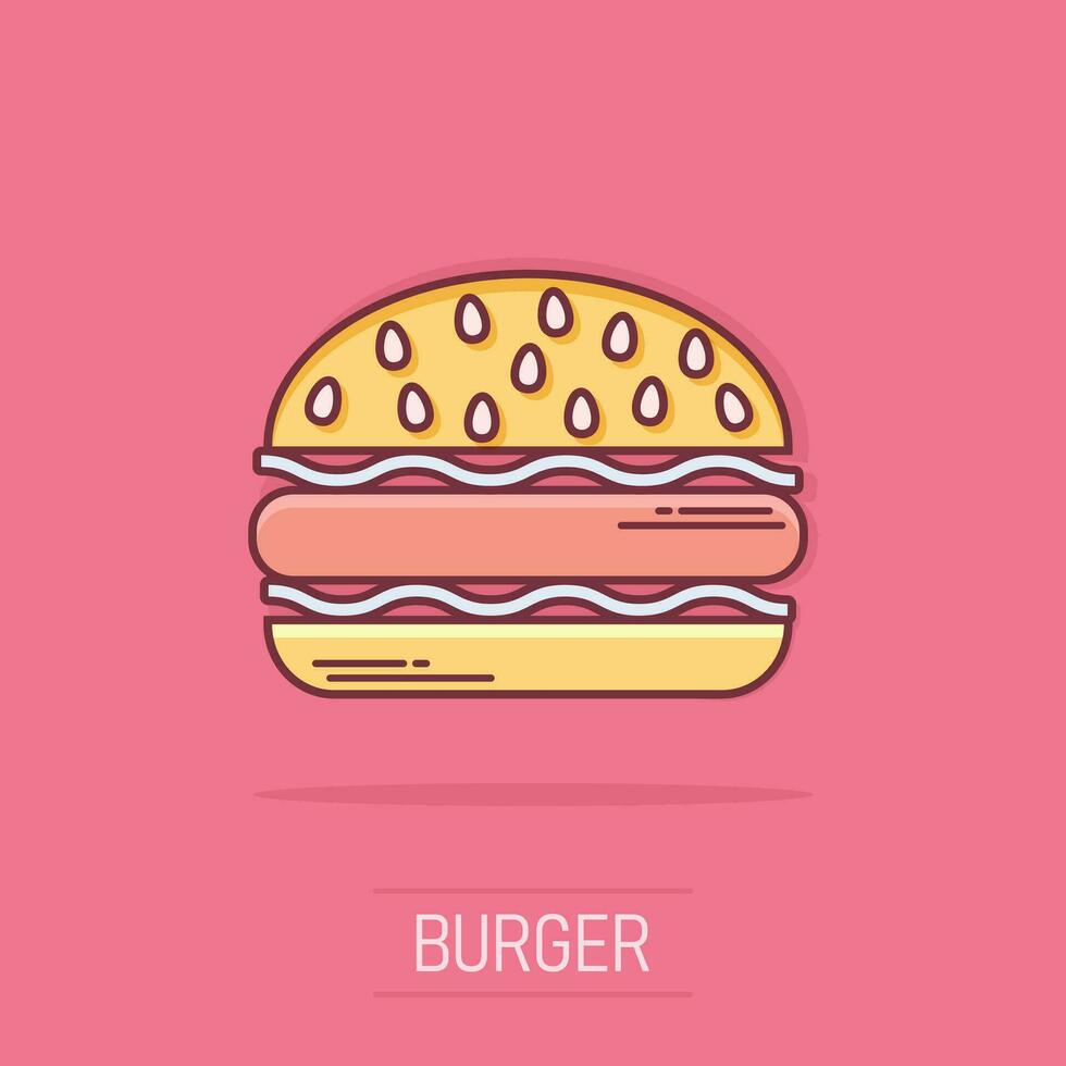 Vector cartoon burger fast food icon in comic style. Hamburger sign illustration pictogram. Burger business splash effect concept.