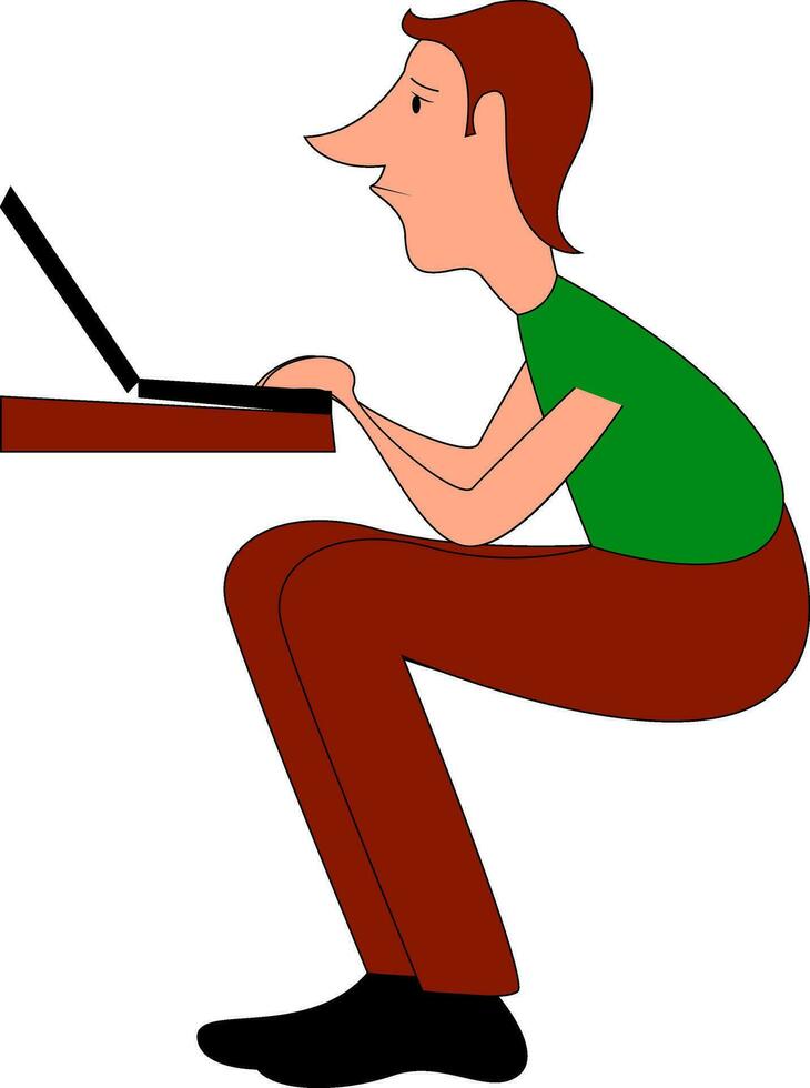 Man is sitting and looking at laptop hand drawn design, illustration, vector on white background.