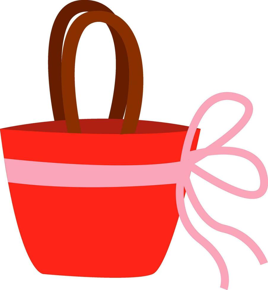 Red handbag with pink bow, illustration, vector on white background.