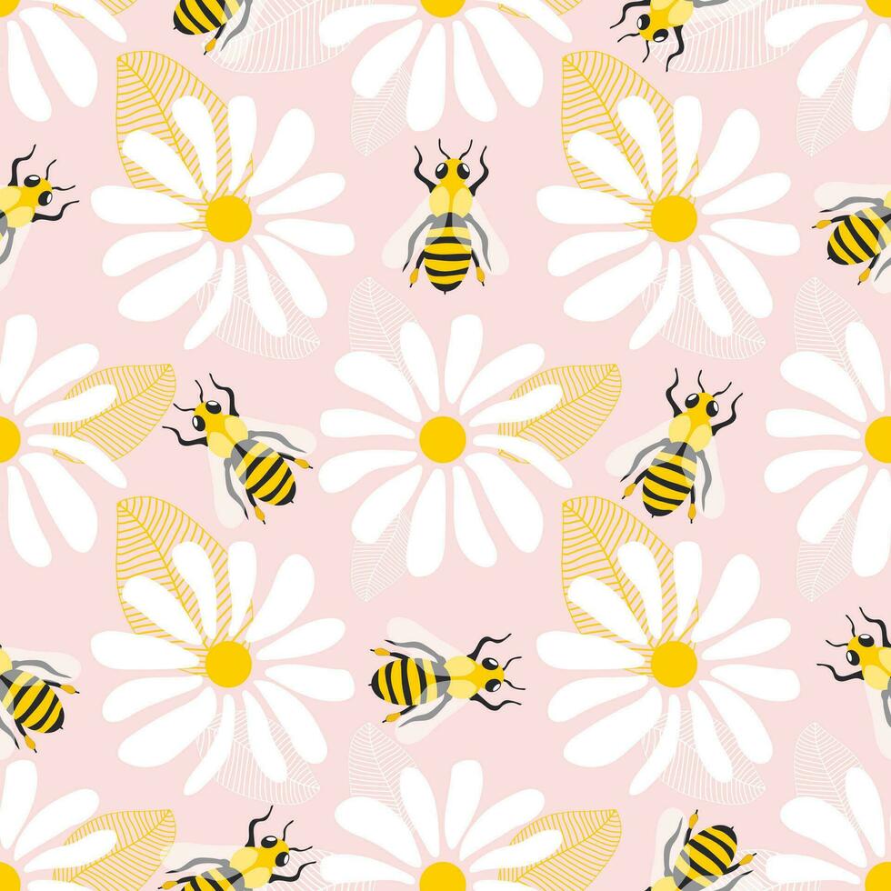 Wild chamomile flowers and honey bees. Seamless summer pattern with big white flowers and insects on a pink background. For printing on modern fabrics. Vector. vector