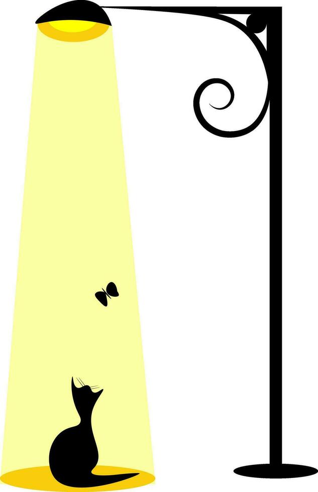 Street lamp and cat hand drawn design, illustration, vector on white background.