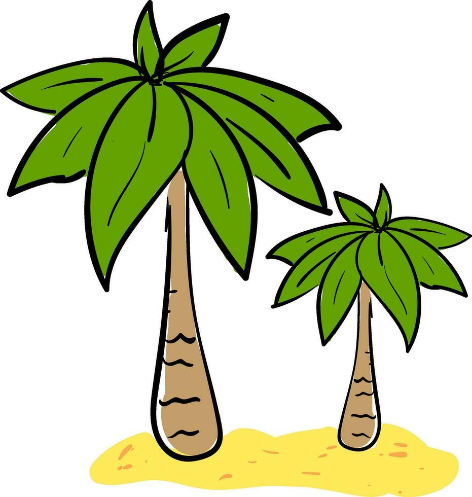 Big and small palm trees on sand, illustration, vector on white background.