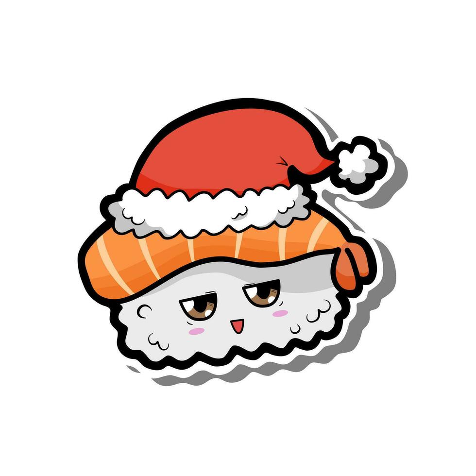 linda dibujos animados ebi Sushi sonrisa con Navidad rojo sombrero en blanco silueta y gris sombra. vector ilustración acerca de día festivo.
