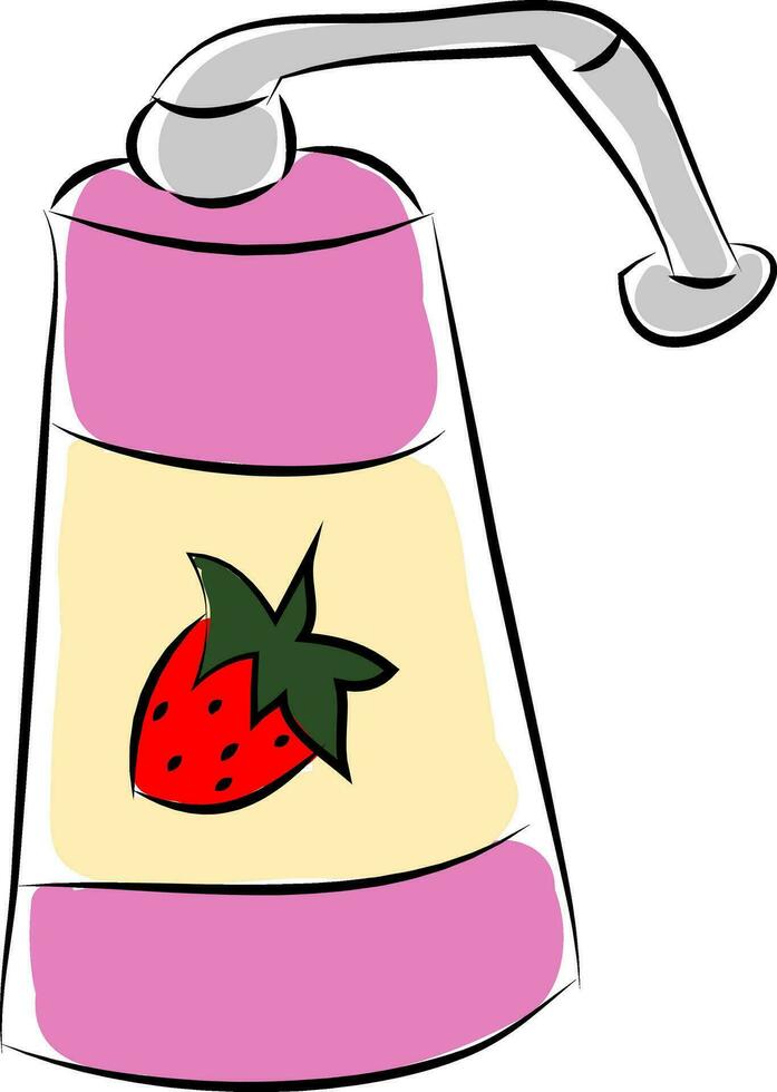 Pink soap bottle with a red strawberry vector illustration on white background