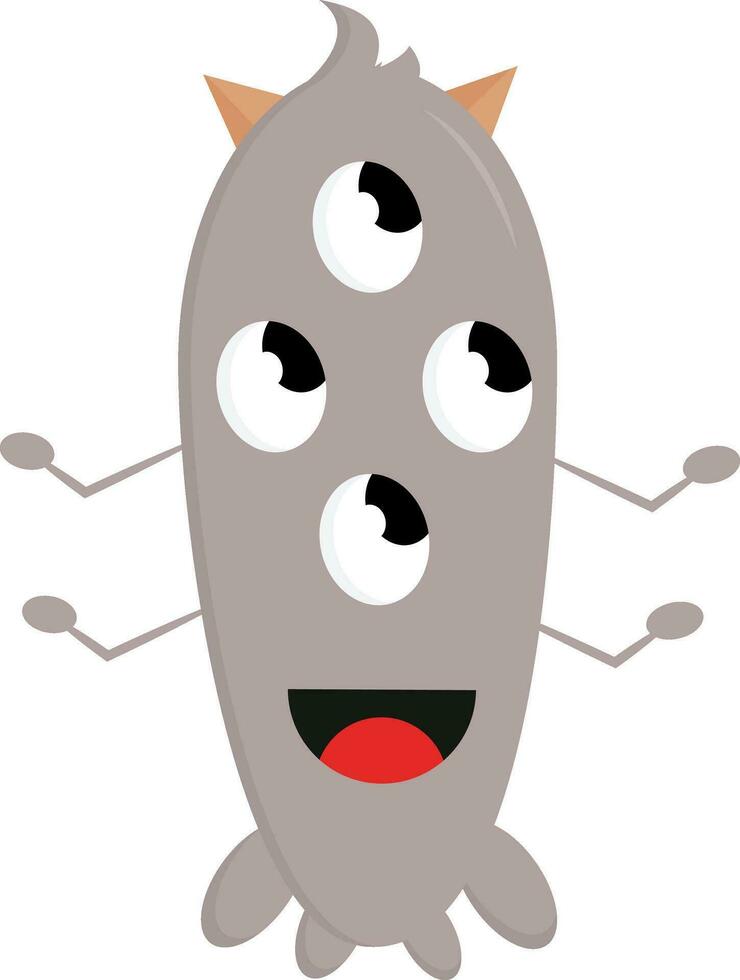 Beige four-eyed monster with four arms and horns smiling vector illustration on white background