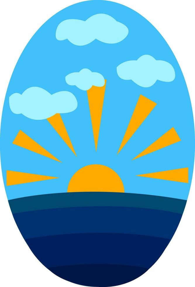 Yellow sun with blue sky and deep blue water vector illustration on white background