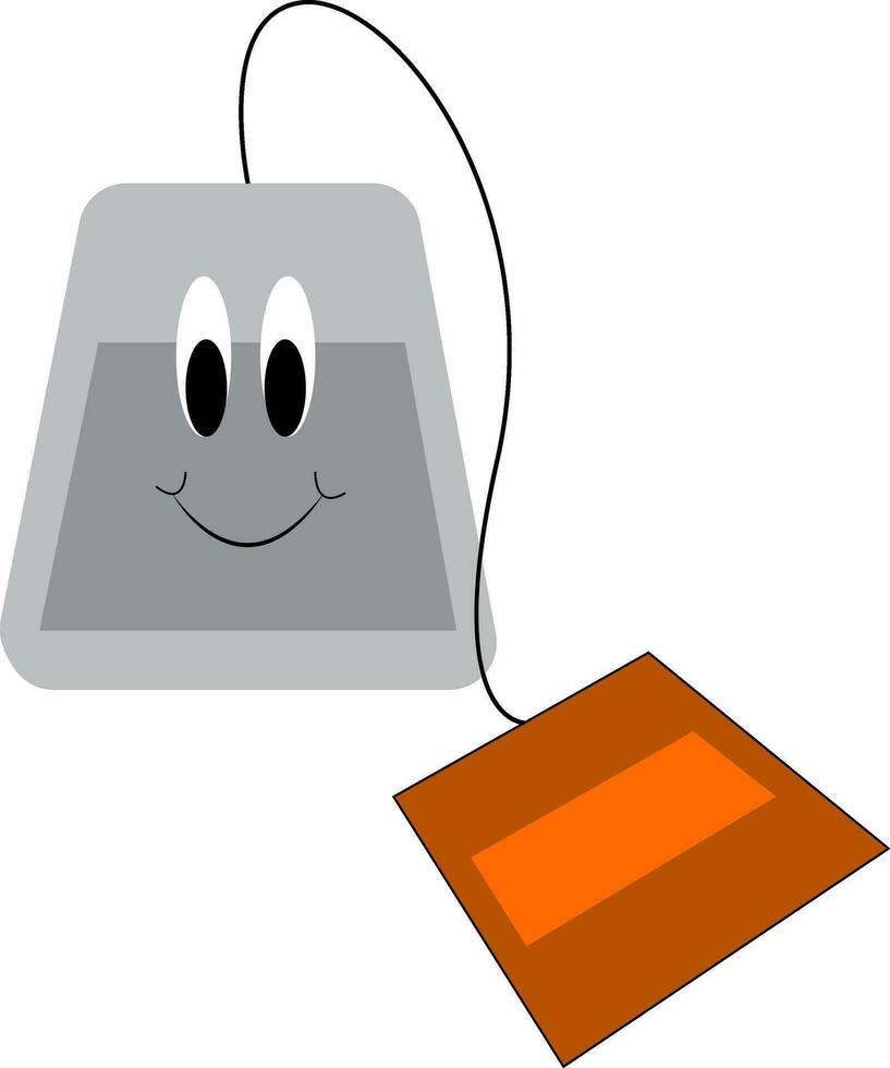 dibujos animados de un sonriente bolsa de té con naranja etiqueta vector ilustración en blanco antecedentes