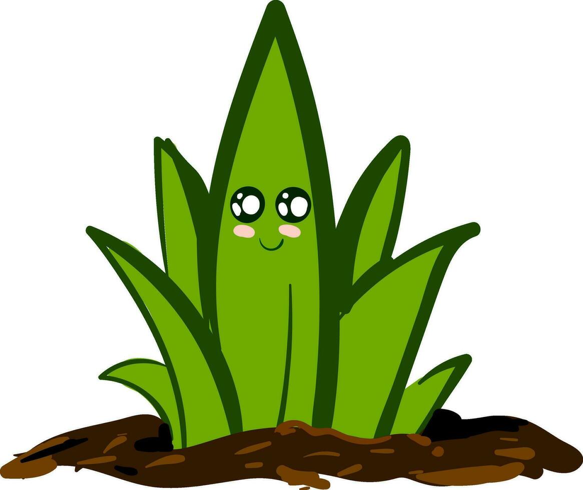 Cute smiling green plant in soil vector illustration on white background