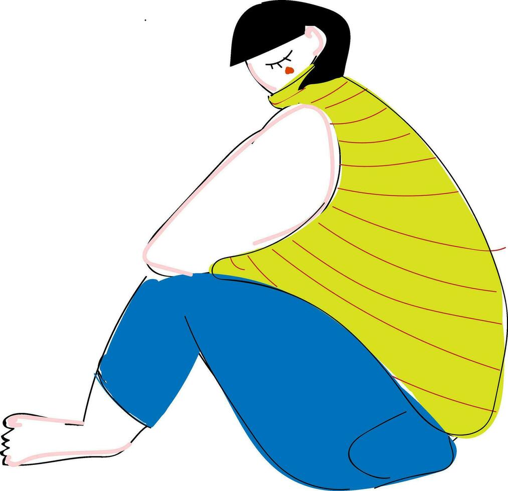 Abstract vector illustration on white background of a sitting girl in yellow striped shirt and jeans