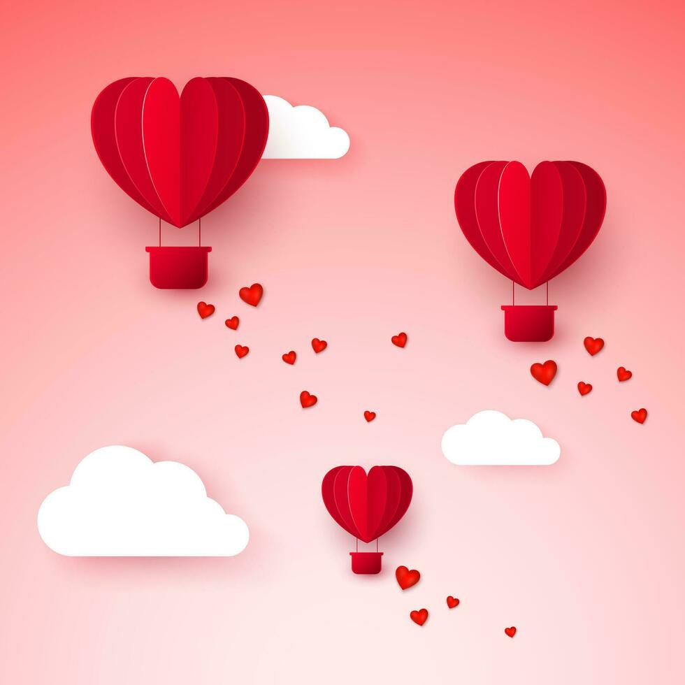 Valentines day with paper cut red heart shape air balloon. Balloon flies and leaves a trail with hearts on pink background. Vector illustration