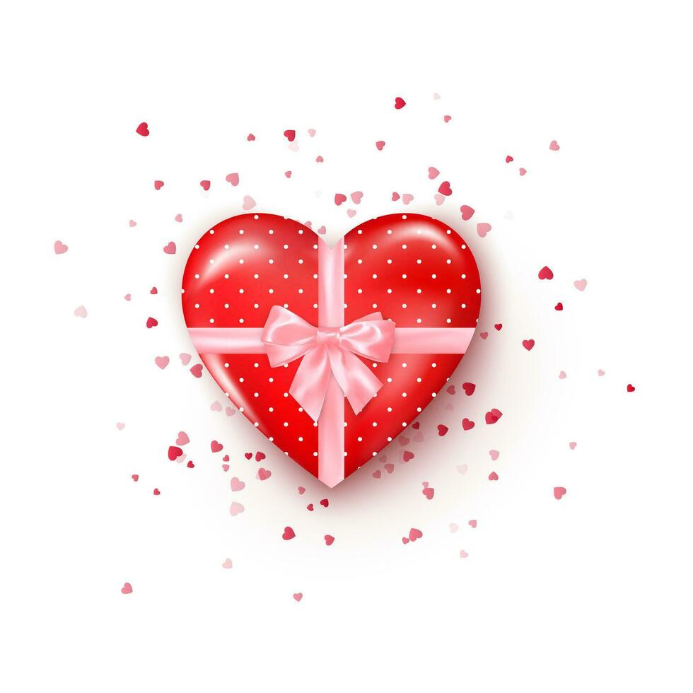 Gift in hearts shaped box with pink silk ribbon and bow. Present for Valentines day decorated confetti. Vector