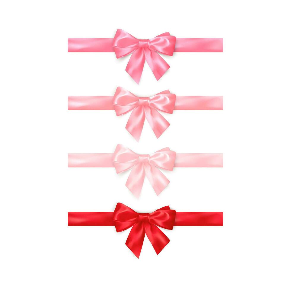 Set of realistic shiny red and pink bows isolated on white background. Decoration element for Valentines day or other holiday. Vector