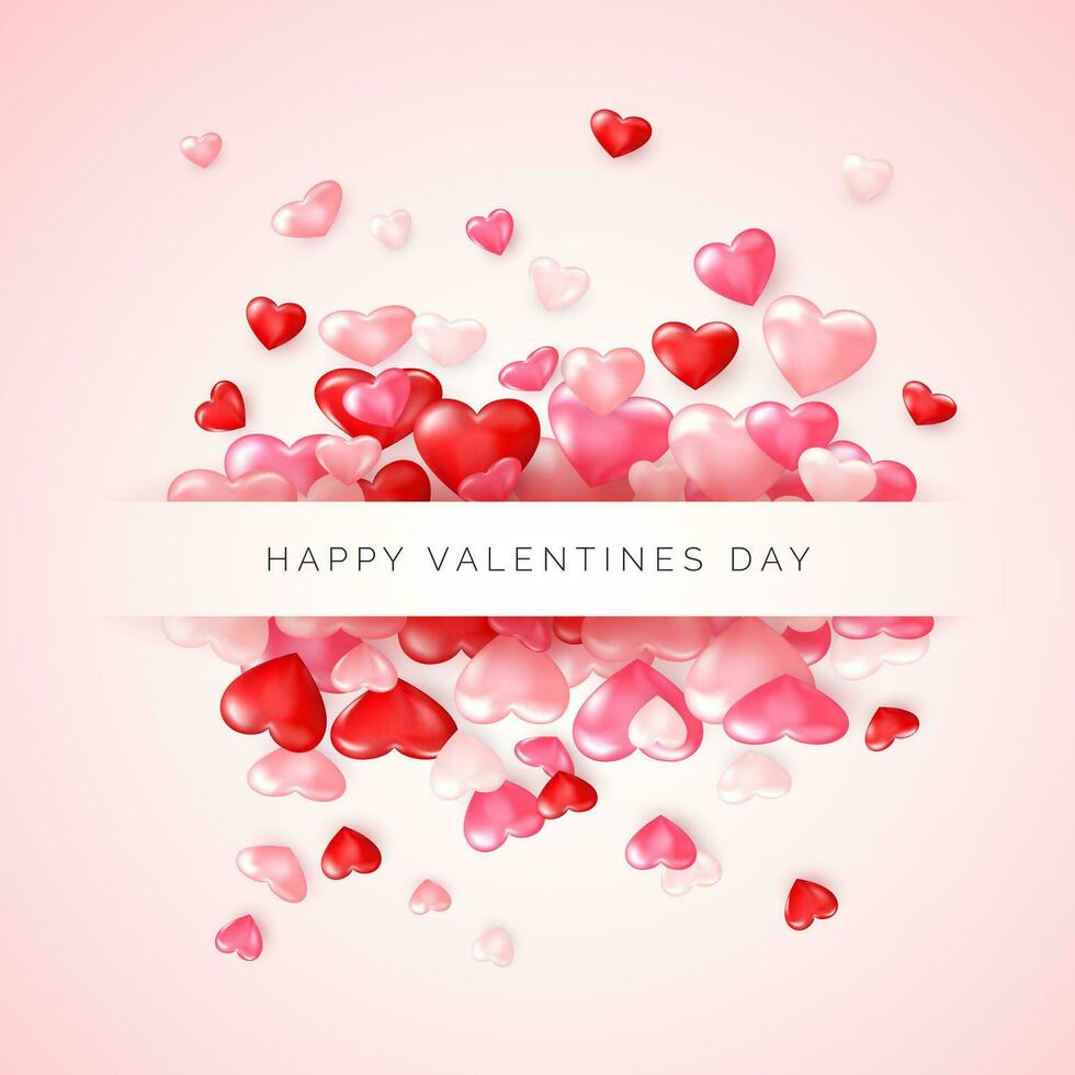 Valentines day greeting card. Confetti glossy red heart on pink background with frame and lettering Happy Valentines day. Vector