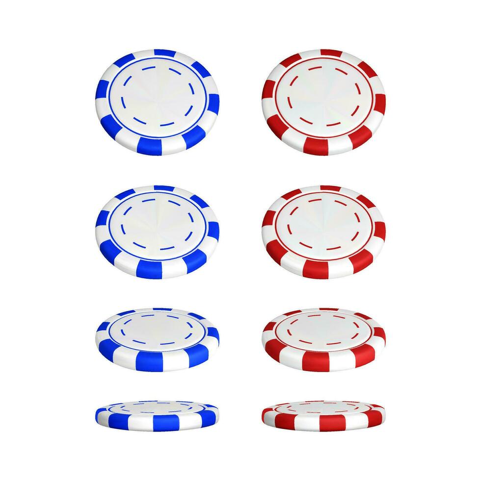 Poker chips in different position. Color red and blue casino chips isolated on white background. Vector illustration