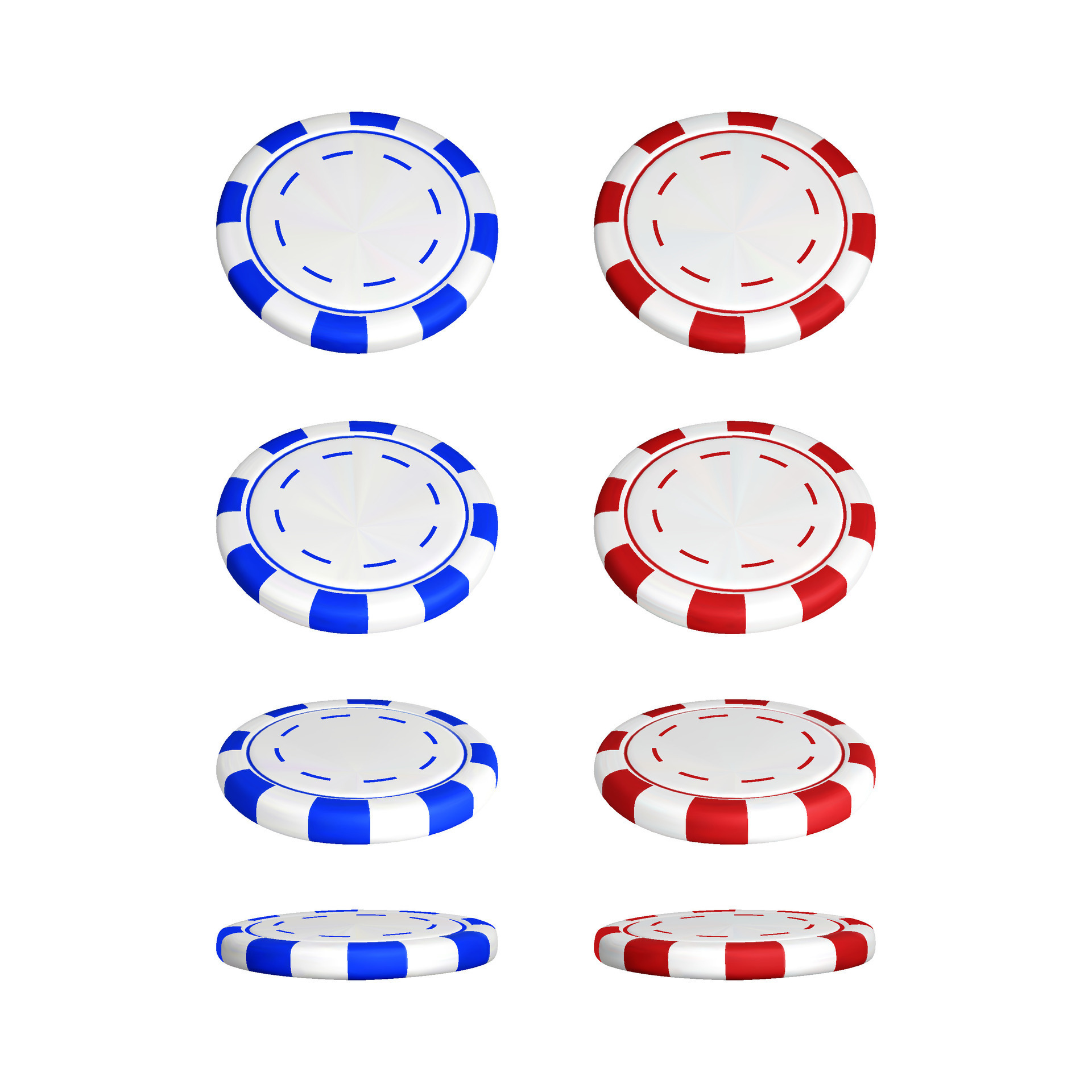 Poker chips in different position. Color red and blue casino chips