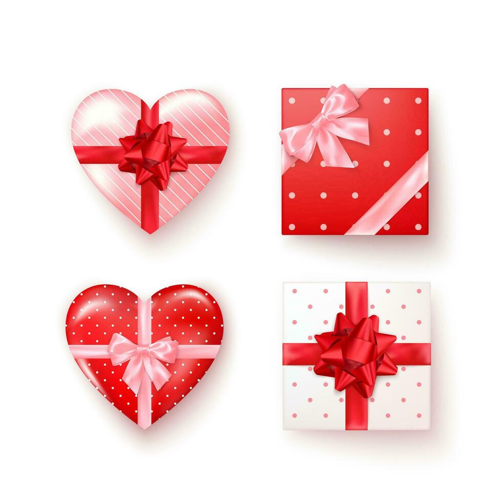 Set of gift boxes with silk bows in realistic style top view. Square and heart shape boxes. Vector isolated on white