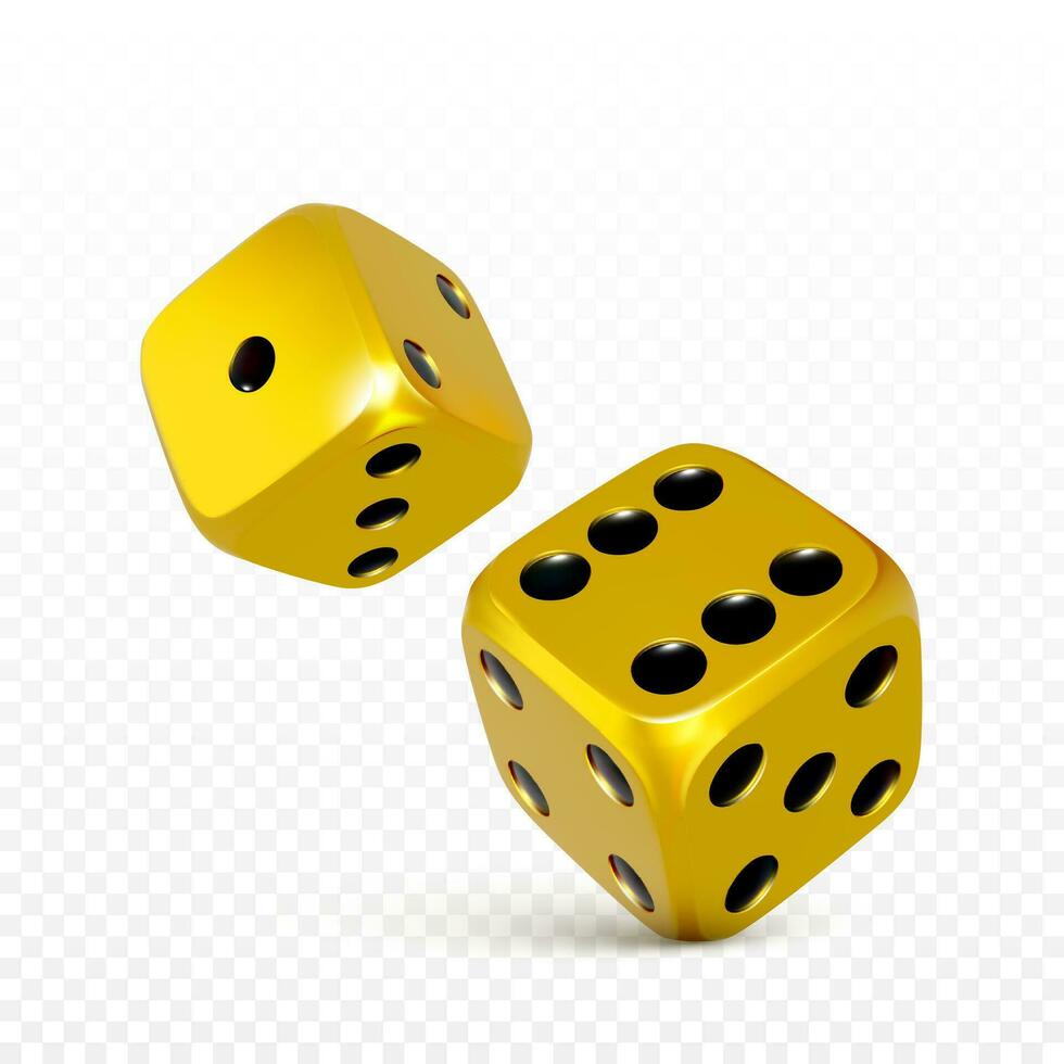 Golden 3d dice. Play casino tossing craps template for banner. Vector illustration