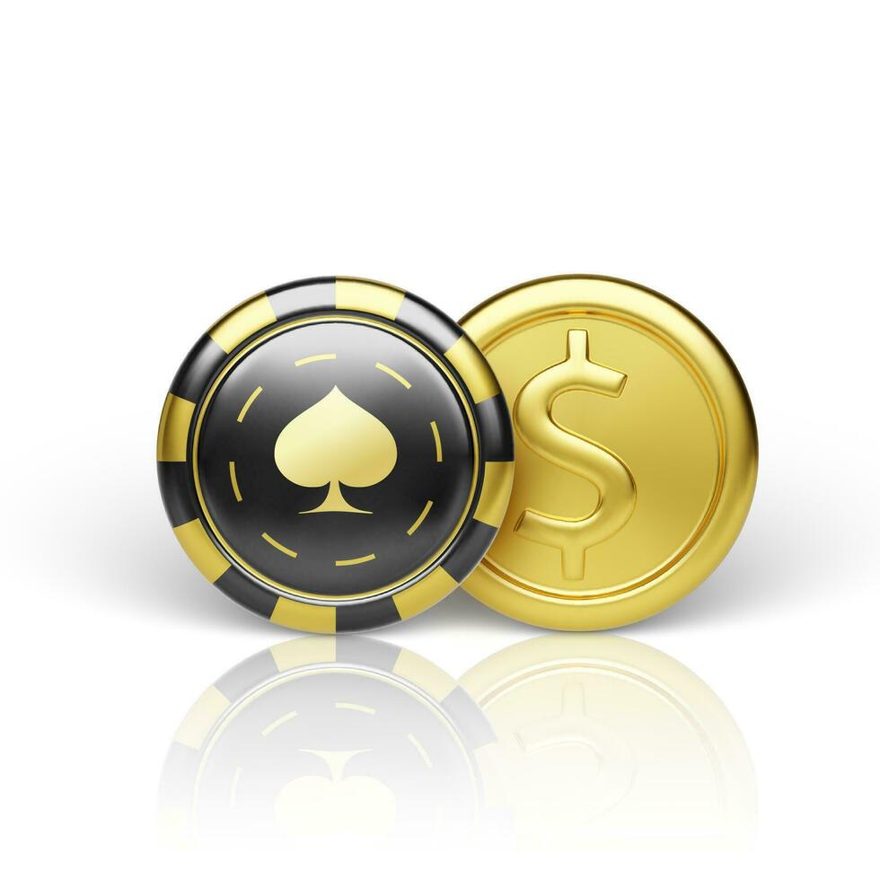 Golden coin and casino chip. Realistic gambling chip gold coin. Game money. Vector illustration isolated on white background