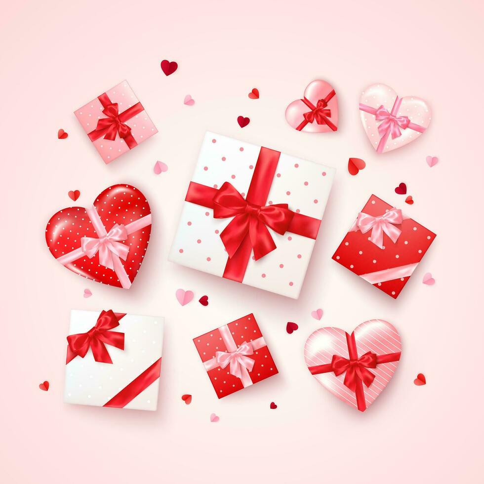 Set of gifts in square and hearts shaped boxes with silk ribbon and bow. Present for Valentines day decorated confetti. Vector